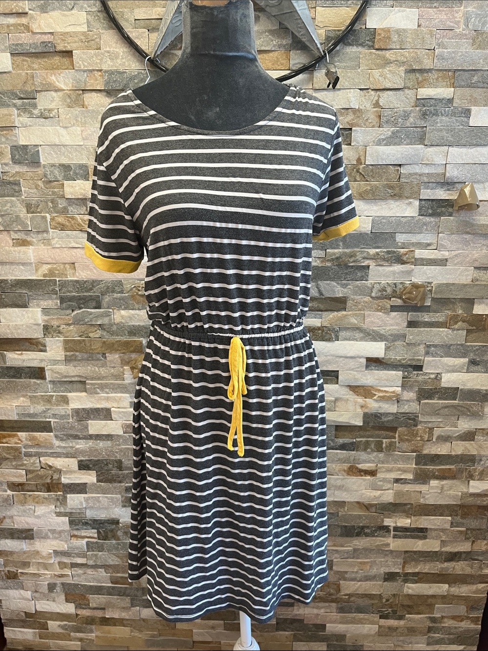 Exist Black & White Striped Midi Dress with Yellow Trim